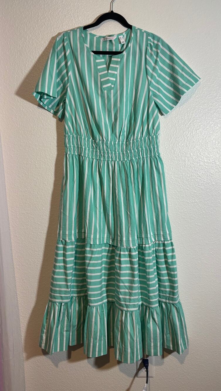 Isaac Mizrahi Live Size S Yarn Dye Striped Poplin Maxi Dress Green White A646863